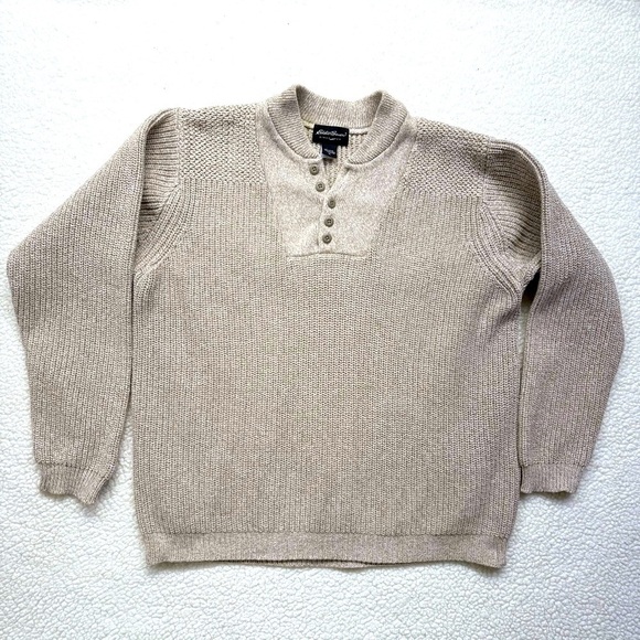Vintage Eddie Bauer Cotton Fisherman 
Knit Button Collar Sweater - Picture 1 of 13